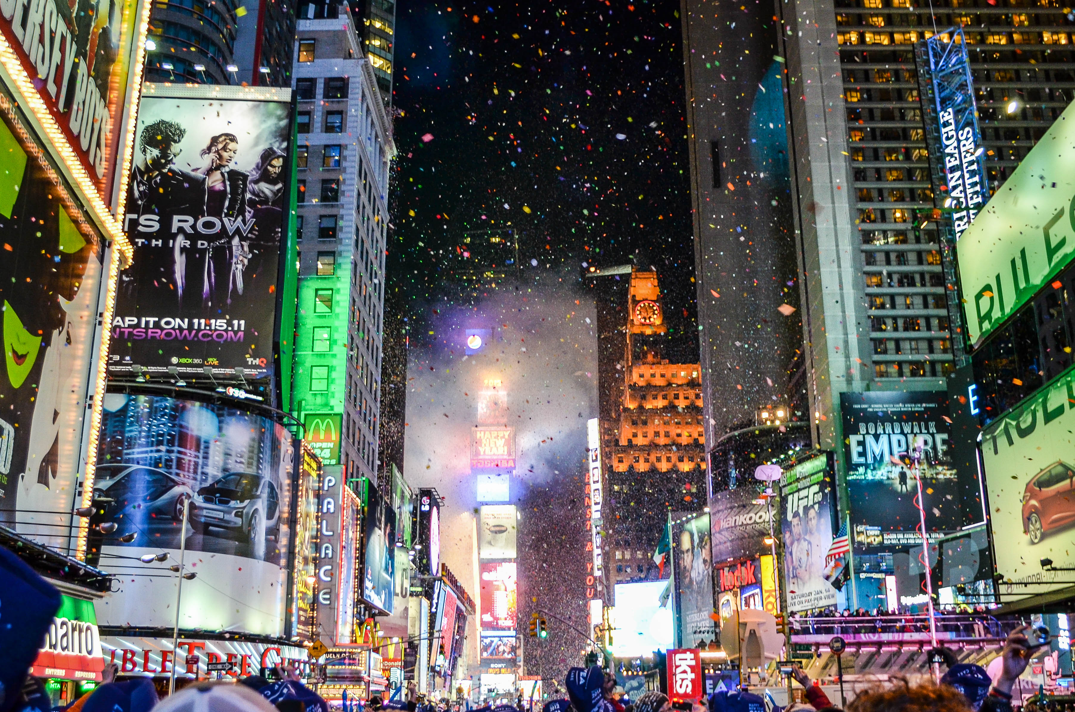 New York, United States - December 31, 2011: Fireworks and confetti display as the ball drops on New Year's eve in Time Square in 2012
