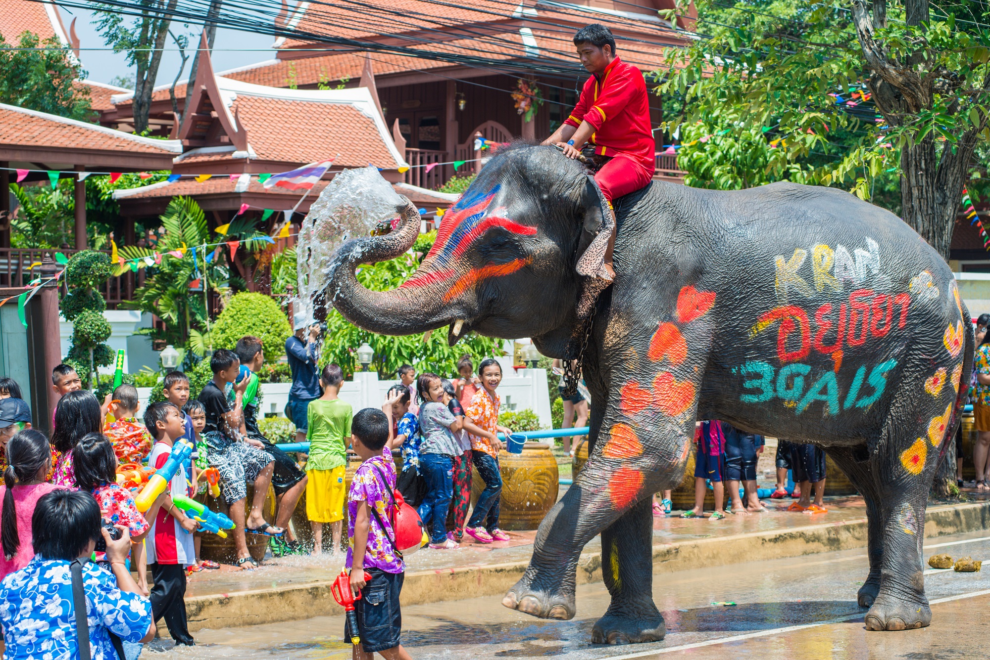 Mann sitzt auf einem bunt bemalten Elefant, Kinder spritzen mit Wasser.