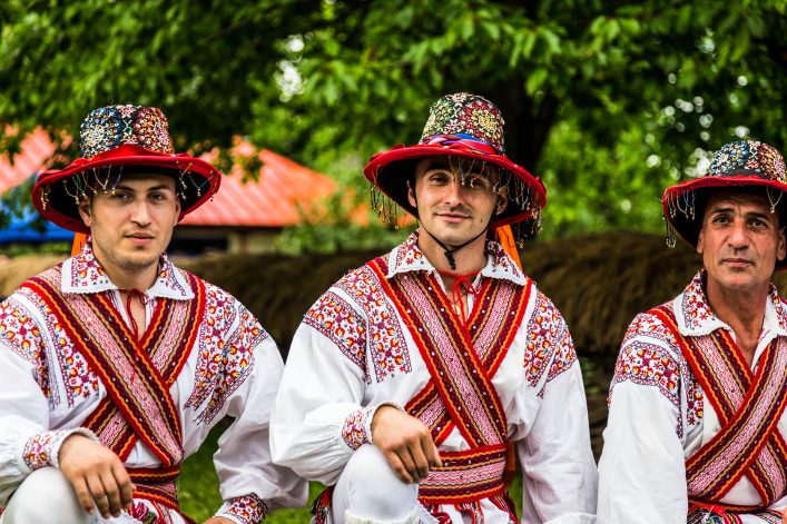 People wearing traditional Romanian clothing in Bucharest, Romania